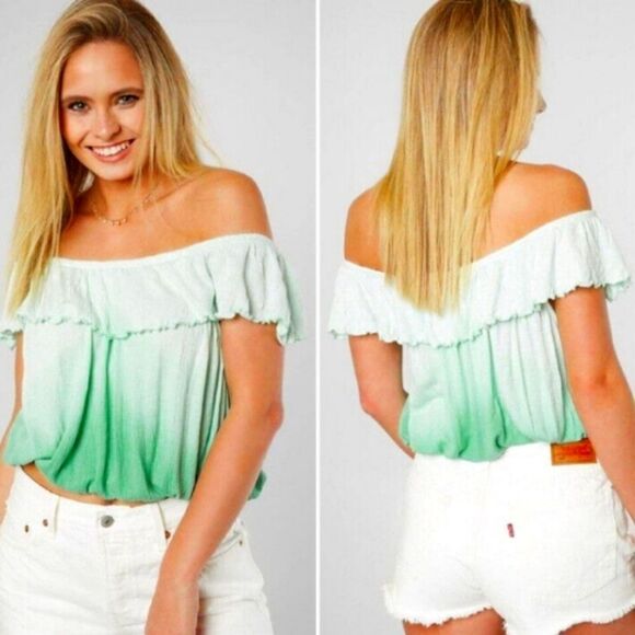 Free People Tops - FREE PEOPLE CORA LEE TIE DYE DIP OMBRE MINT SEA GREEN OFF SHOULDER RUFFLE TOP